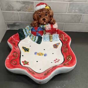 Noble Excellence Christmas Puppy Bowl Candy Dish Embossed 9x10 3D 2"deep 3"thick